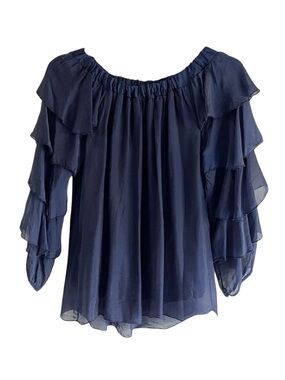 Le Marais Paris Navy Blue Silk Top M Off Shoulders Tiered Long Sleeves